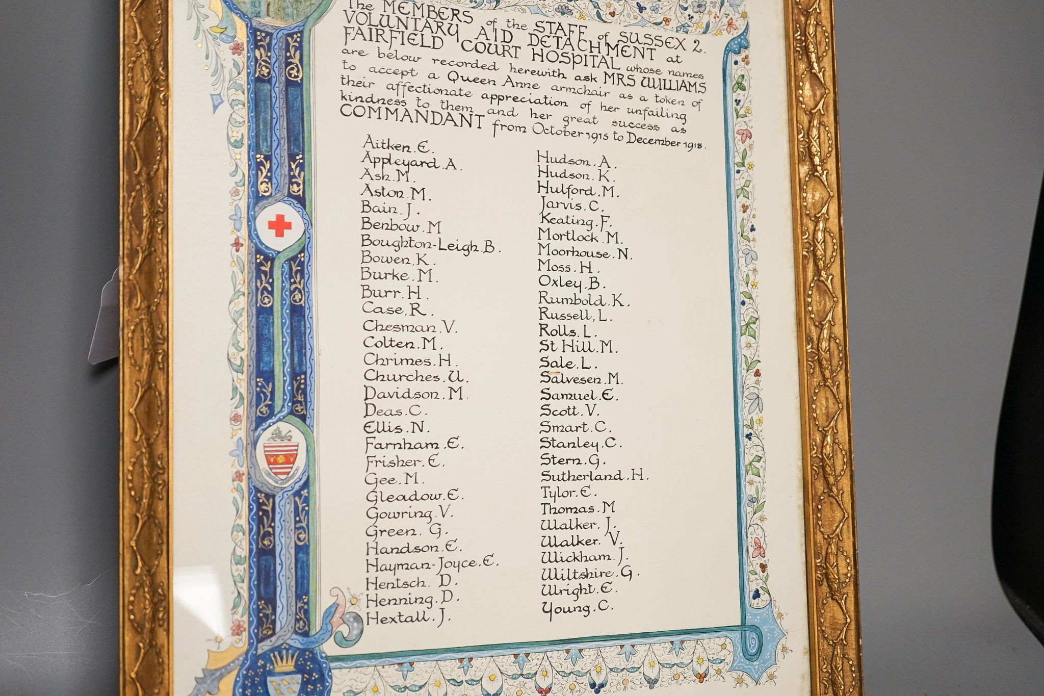 A hospital dedication to Mrs.Williams from Fairfield Court Hospital, 42 x 31cm